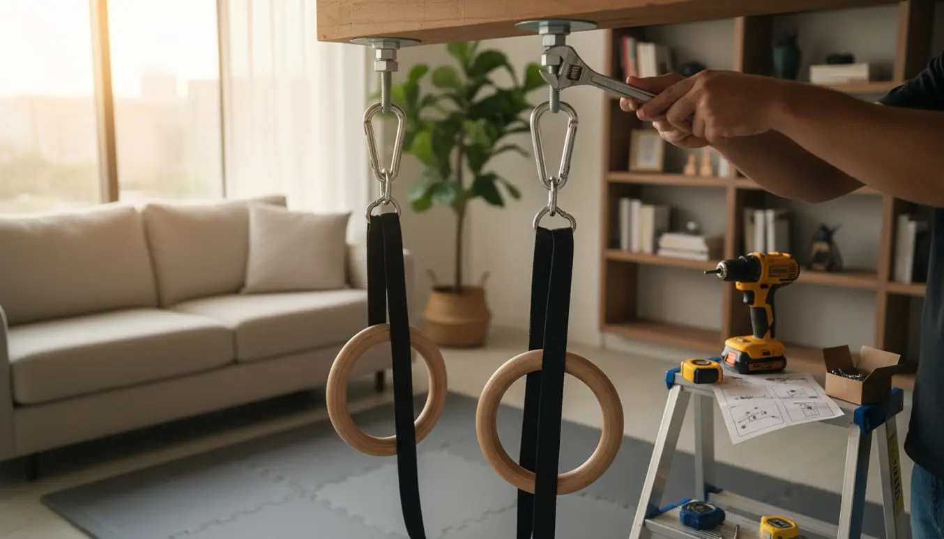 Gymnastikringe hængende fra sikre loftsophæng i en lejebolig med værktøj og hænder i arbejde.