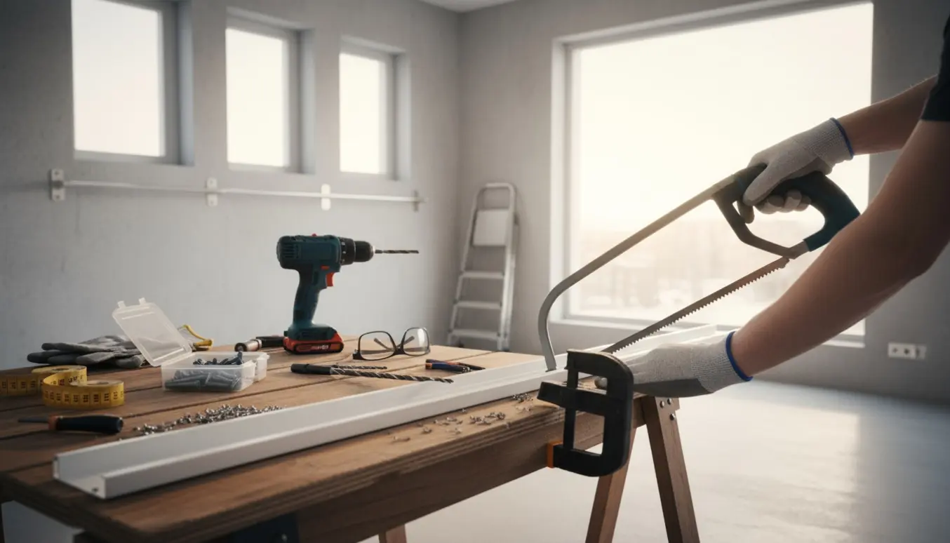 Gardinsskinne skæres til med sav og boremaskine, med rawlplugs, skruer og værktøj klar ved et stort vindue.