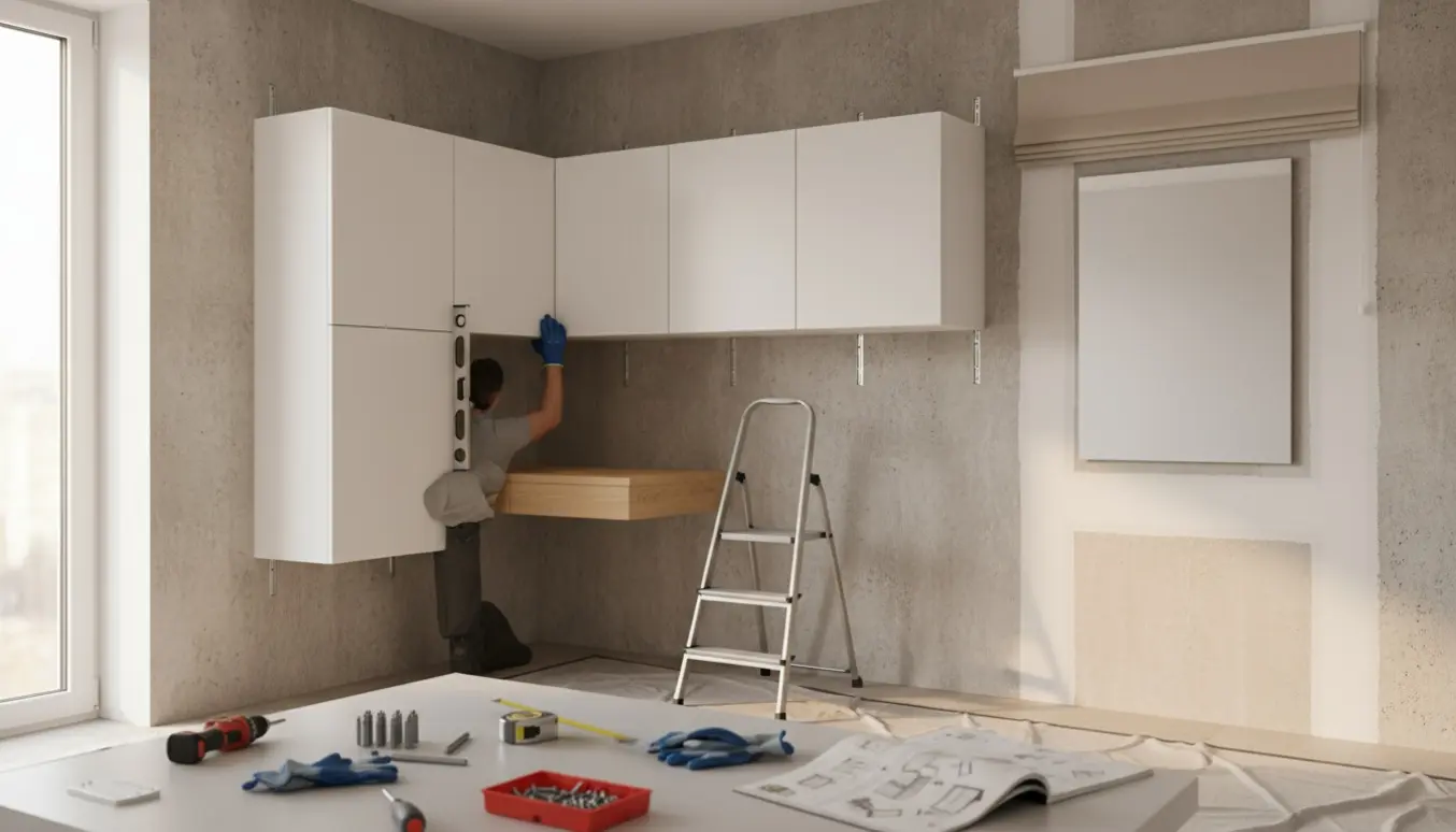 Montage af hvide vægskabe, et lille hængende skrivebord, spejl og rullegardin med værktøj og en håndværker set bagfra.