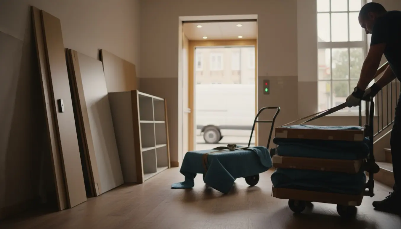 Afmonterede garderobepaneler og hylder stablet ved en åben elevator i en opgang, klar til bortskaffelse.