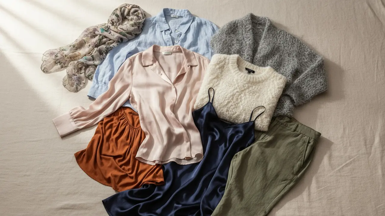 Flad lay af forskellige sarte tekstiler: silke, kashmir, satin, linned, chiffon, viskose, mohair og hør
