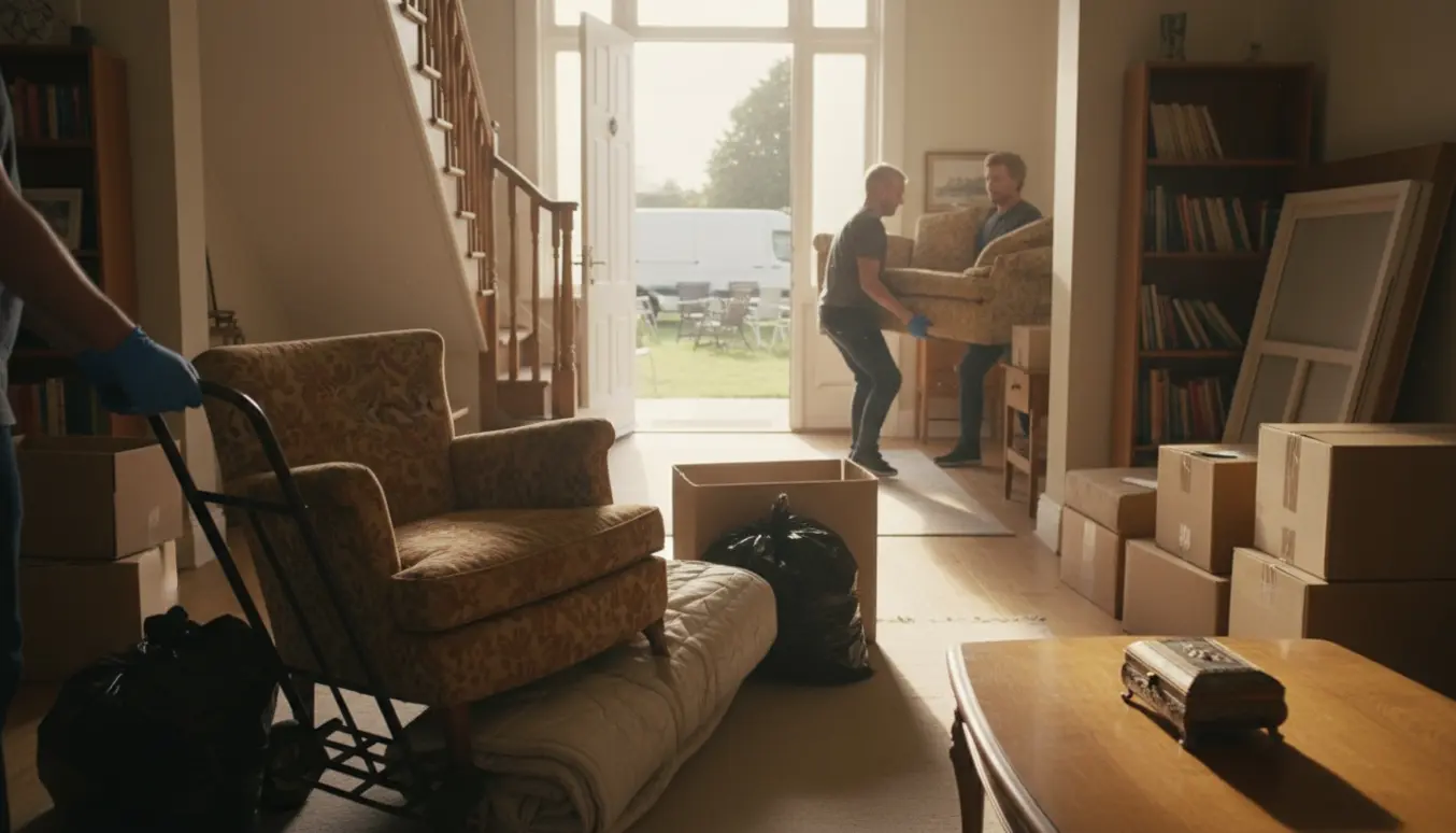 Professionelt rydningshold bærer møbler og sorte sække ud af et solbelyst hjem under rydning af et dødsbo.