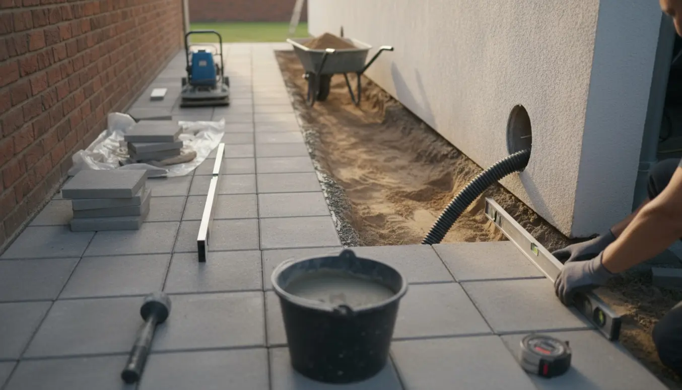 Reetablering af en 3 m række 30x30 cm fliser mellem husmur og garage med værktøj og stakkede fliser.