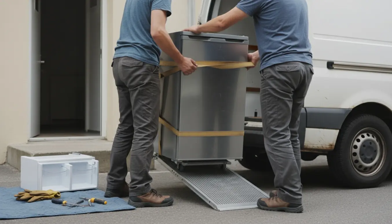 Et køleskab på en flyttevogn ved stueetagens dør med aftagne døre og skuffer lagt på et beskyttende tæppe.