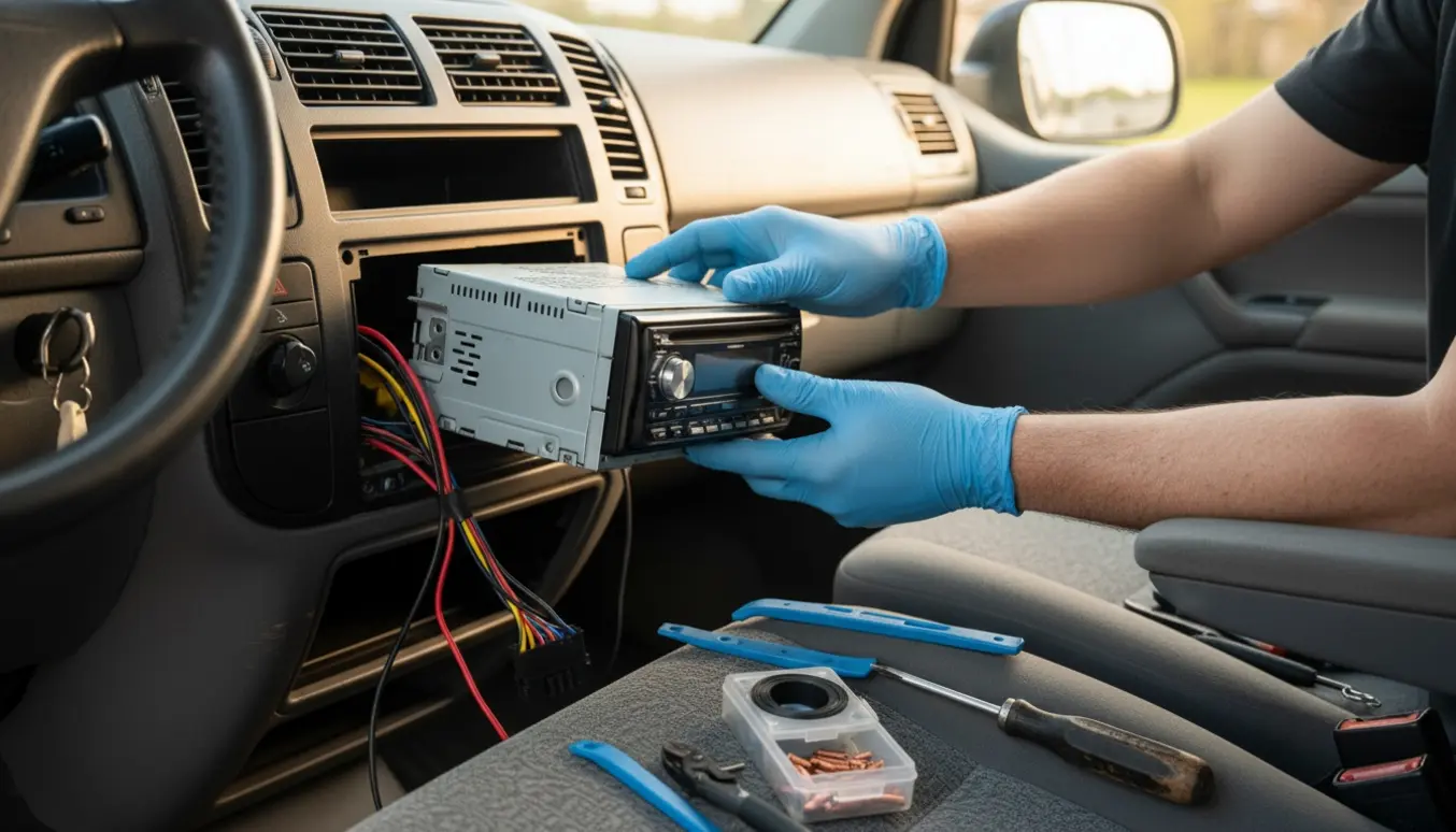 Hænder monterer en bilradio i instrumentbrættet på en 2001 VW Caravelle med værktøj og ledninger på passagersædet.