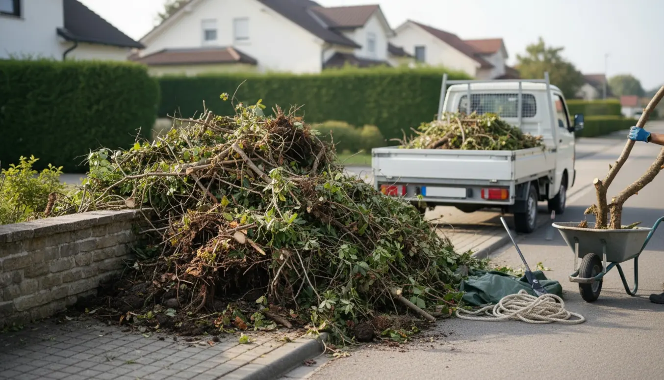 Stor bunke haveaffald ved fortovet foran en stille villavej klar til afhentning.
