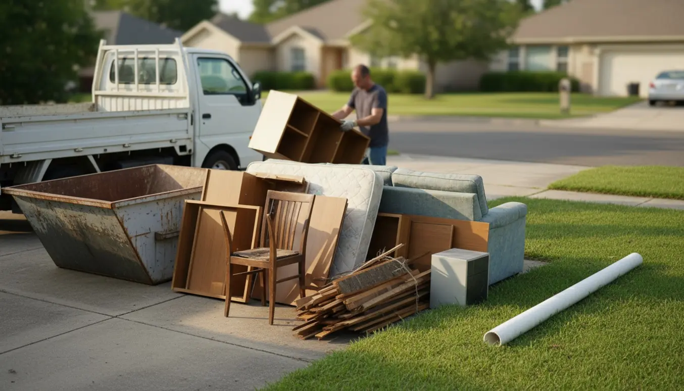 Bunke storskrald ved indkørsel med en lang hvid planke lagt separat.
