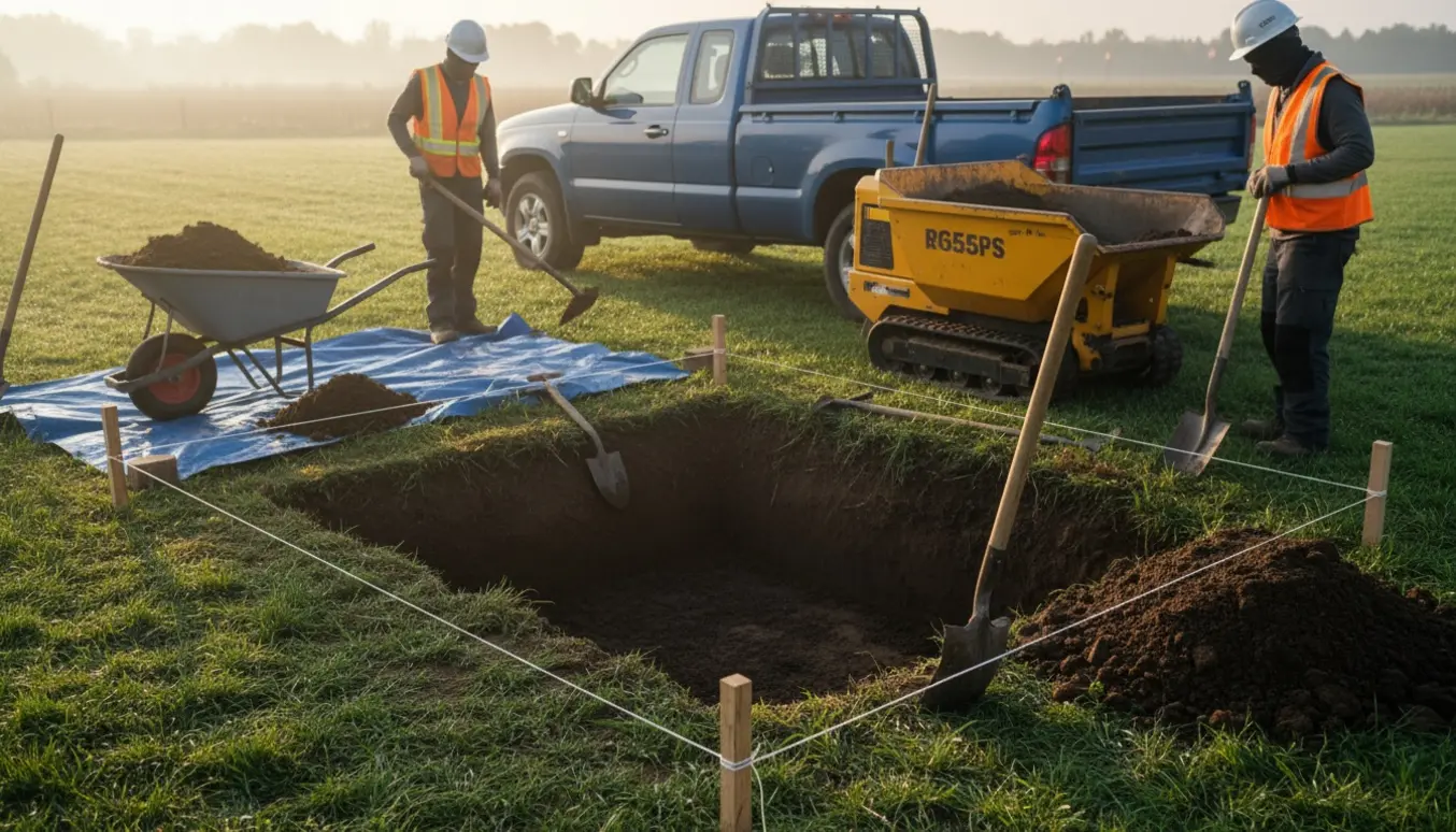 Lille udgravning i baghaven med jordbunker, trillebør og værktøj klar til bortkørsel.