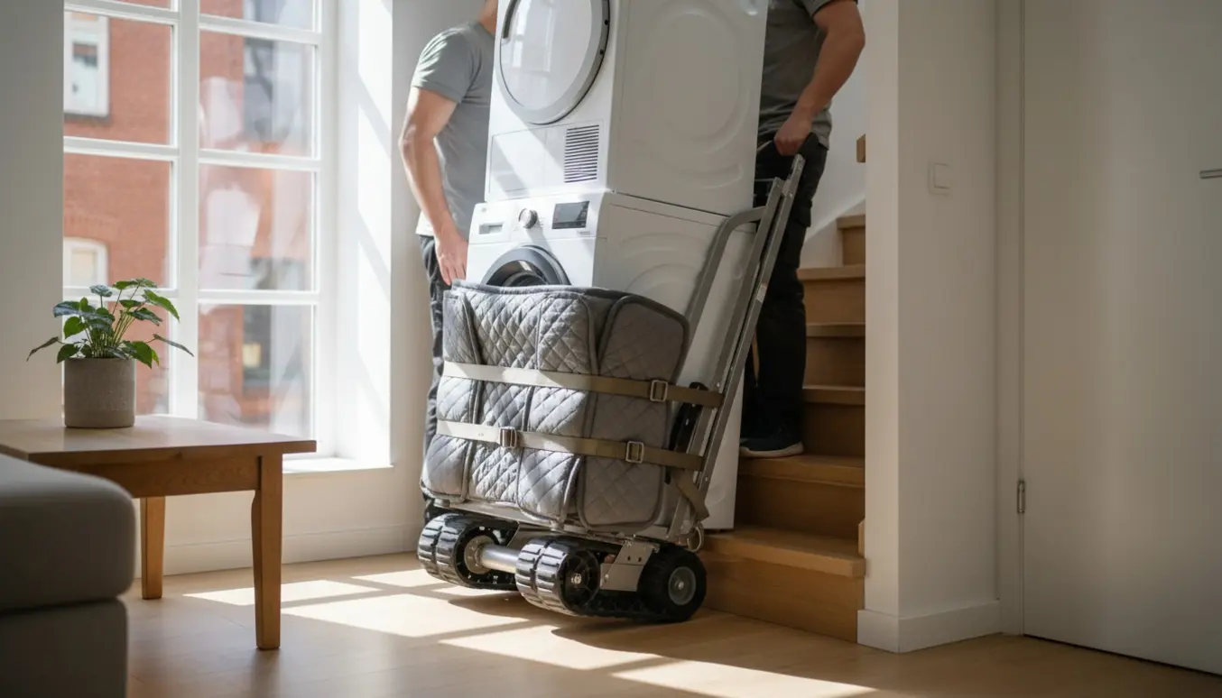 To flyttemænd fører en vaskemaskine og tørretumbler op ad en trappe med en trappeklatrende dolly og flytestropper i en lys dansk lejlighed.