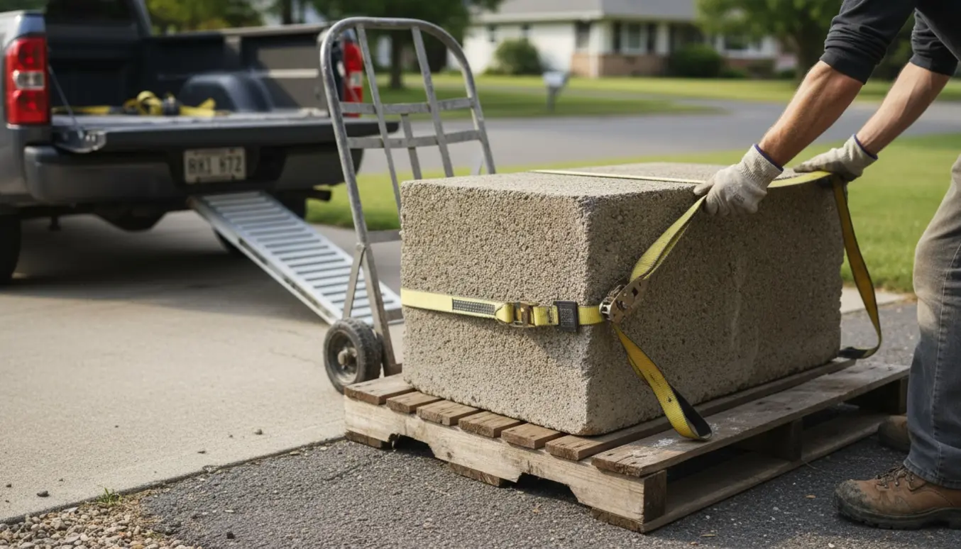 En cementblok ved indkørslen spændes fast på en trillebør med arbejdshandsker og pickup klar til afhentning.