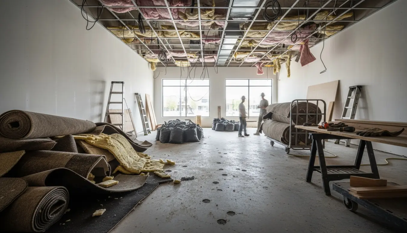 Butik under tømning med rullede gulvtæpper, åbent loftsskelet, værktøj og affaldssække klar til bortkørsel.