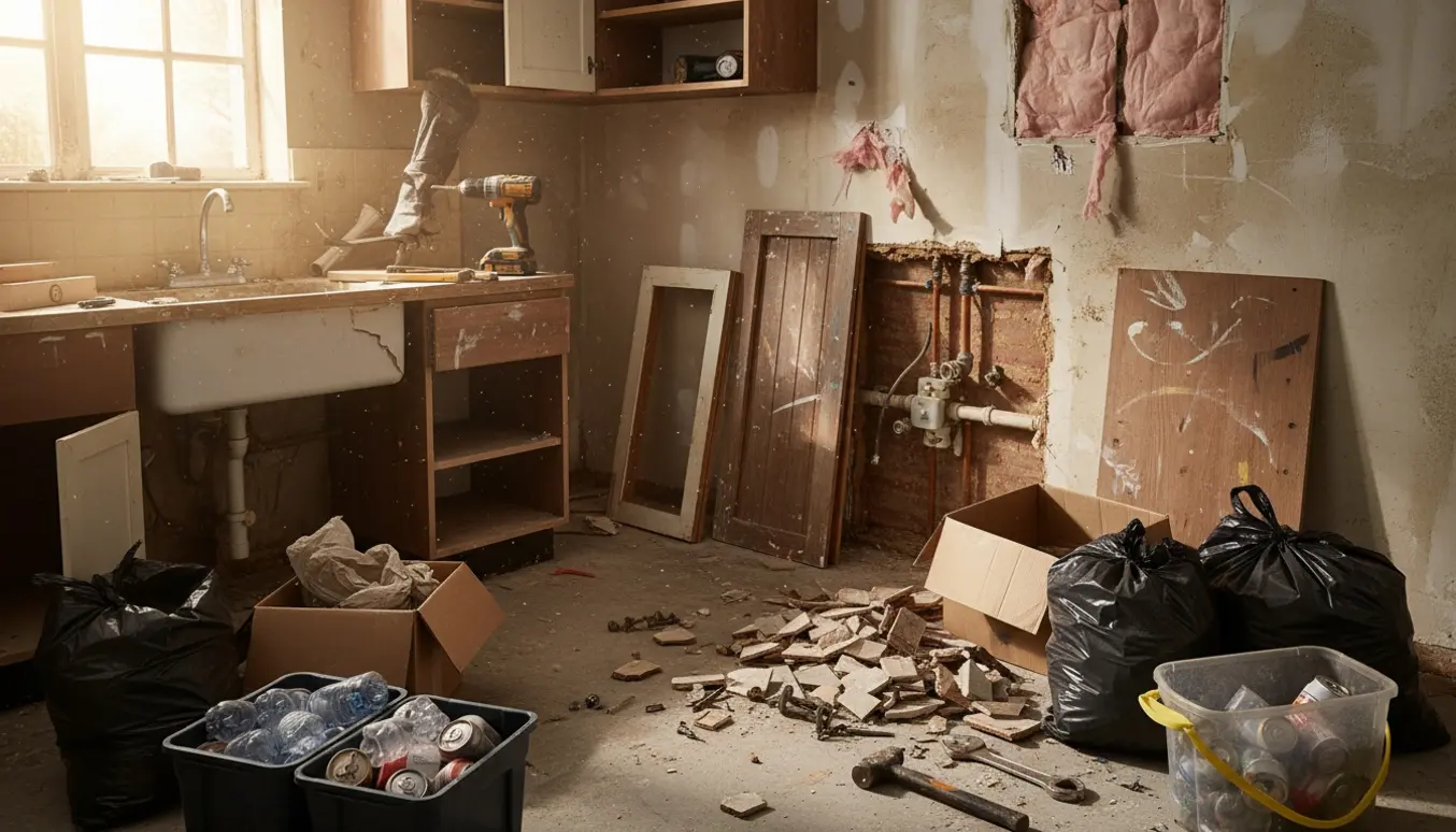 Bortskaffelse af affald fra et nedtaget lille køkken med stabler af skabe, knuste fliser og sorte affaldssække.