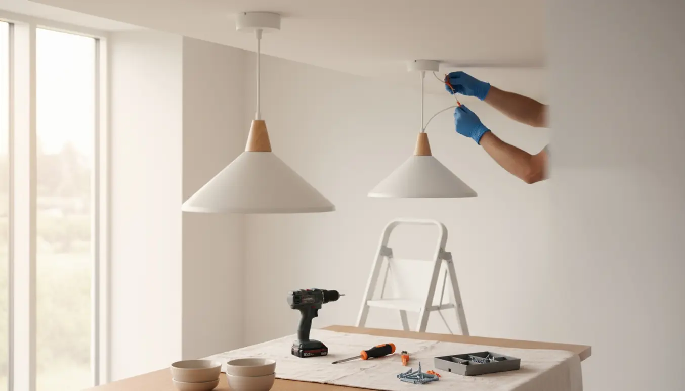 To minimalistiske loftslamper monteres i en lys stue, med værktøj og hænder, der forbinder ledningerne.
