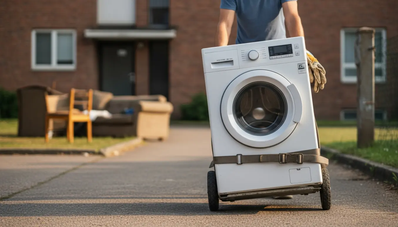 En hvid vaskemaskine på en flyttevogn på vej mod storskraldspladsen ved en boligforening.
