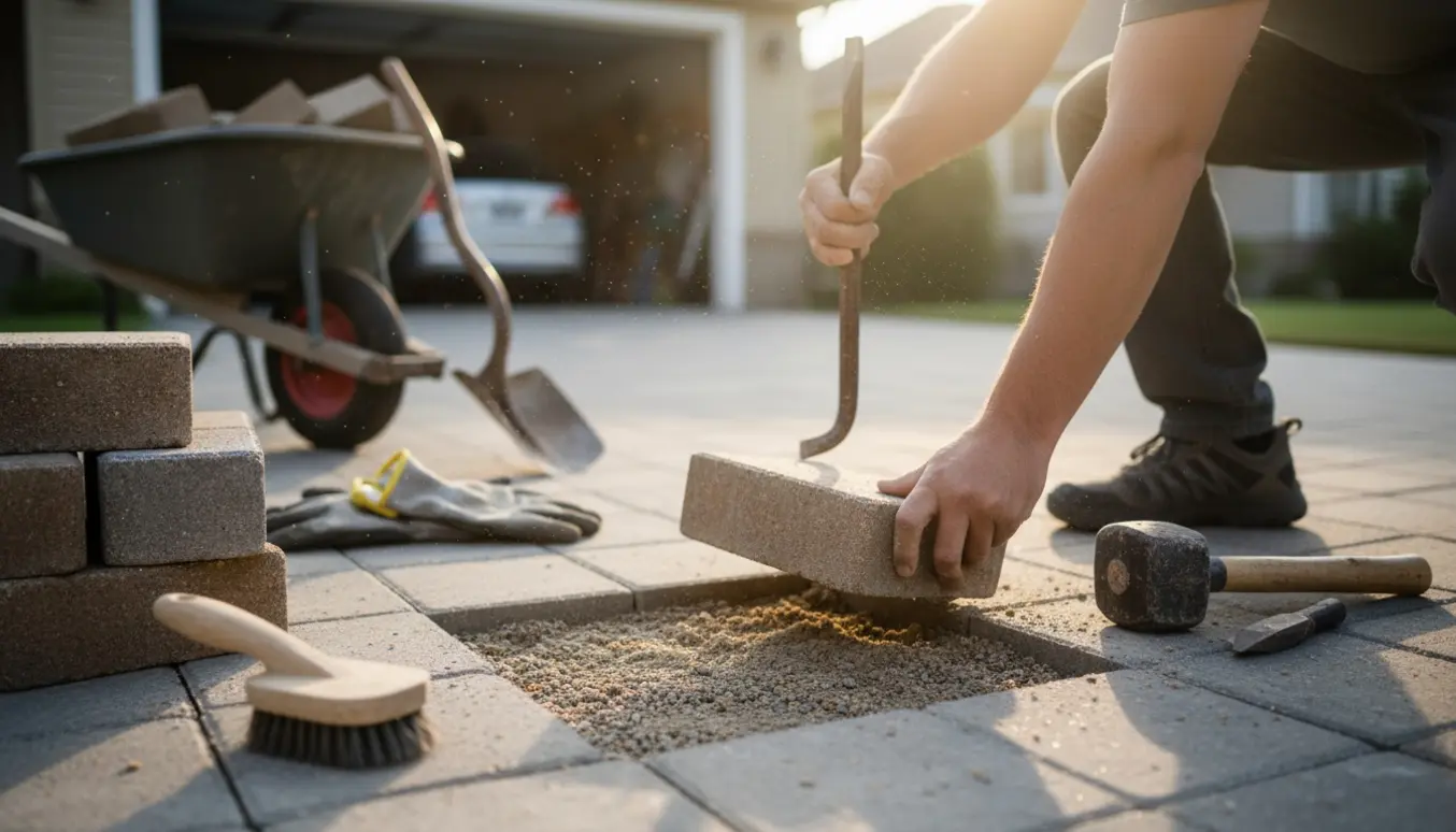 Hænder fjerner fliser fra en indkørsel med koben, trillebør og en stak fjernede fliser ved siden af.