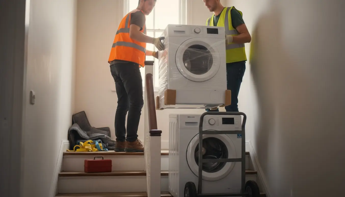 To personer flytter en vaskemaskine op ad en smal rækkehustrappe, mens den gamle bæres ned på en dolly.