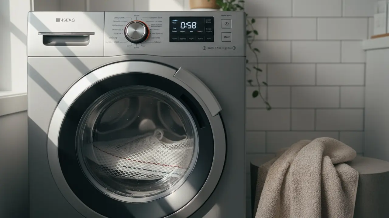 Vaskemaskinens kontrolpanel indstillet til skåneprogram 30°C med sko i vaskepose i tromlen