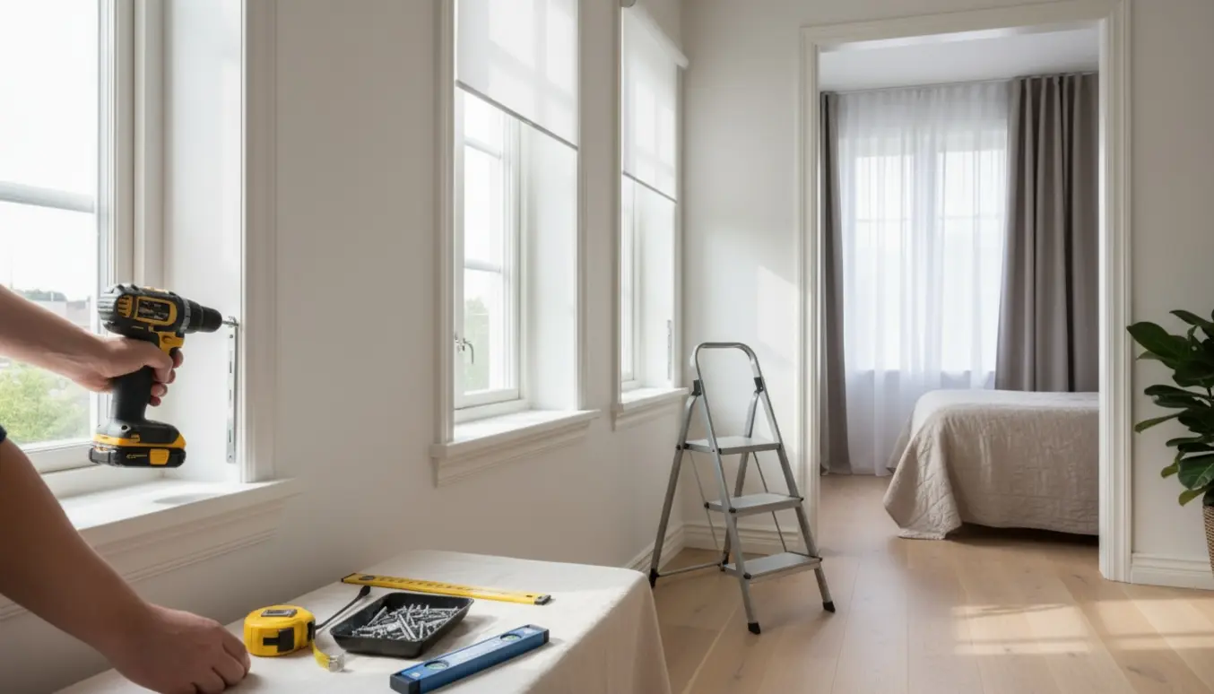 Installer monterer tre hvide rullegardiner i en lys stue, mens et dobbeltgardin hænges i det tilstødende soveværelse.