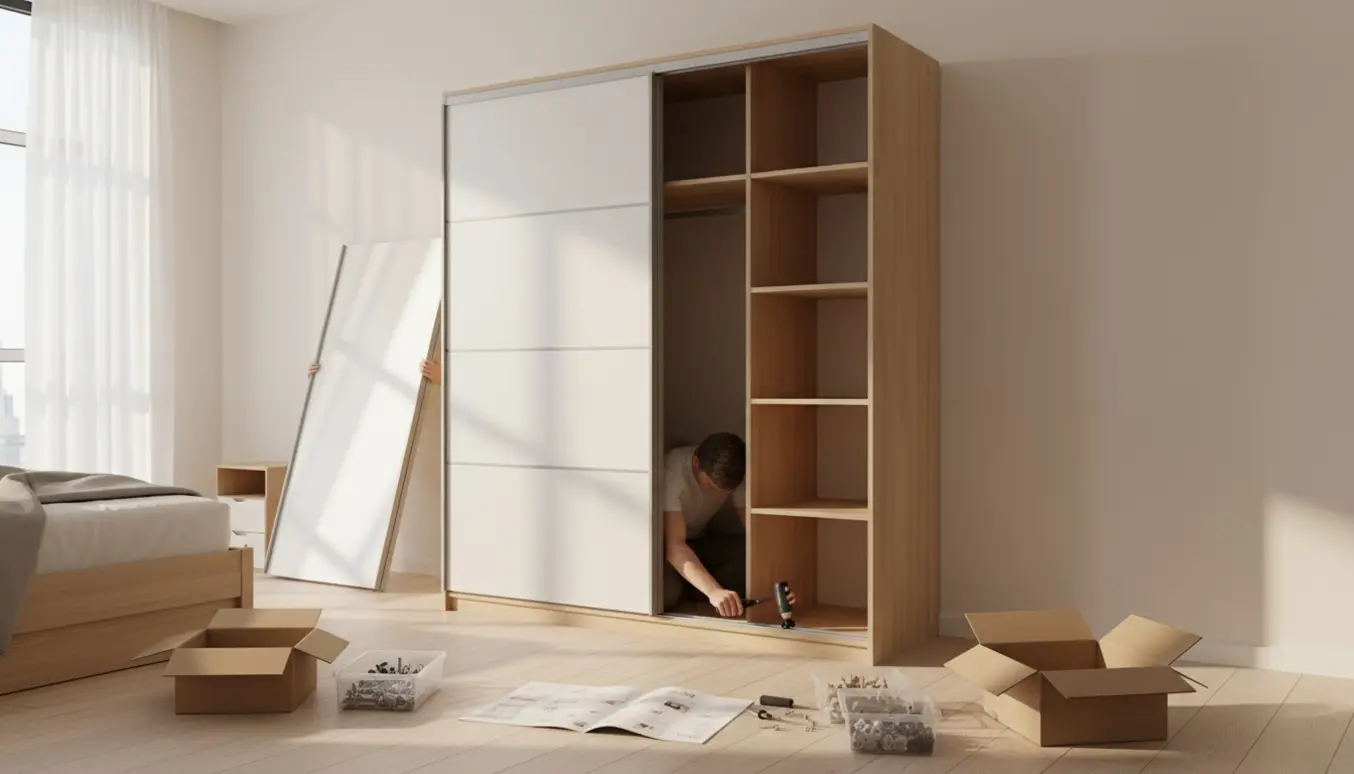 Delvist samlet garderobeskab med to skydedøre og værktøj i et lyst værelse.