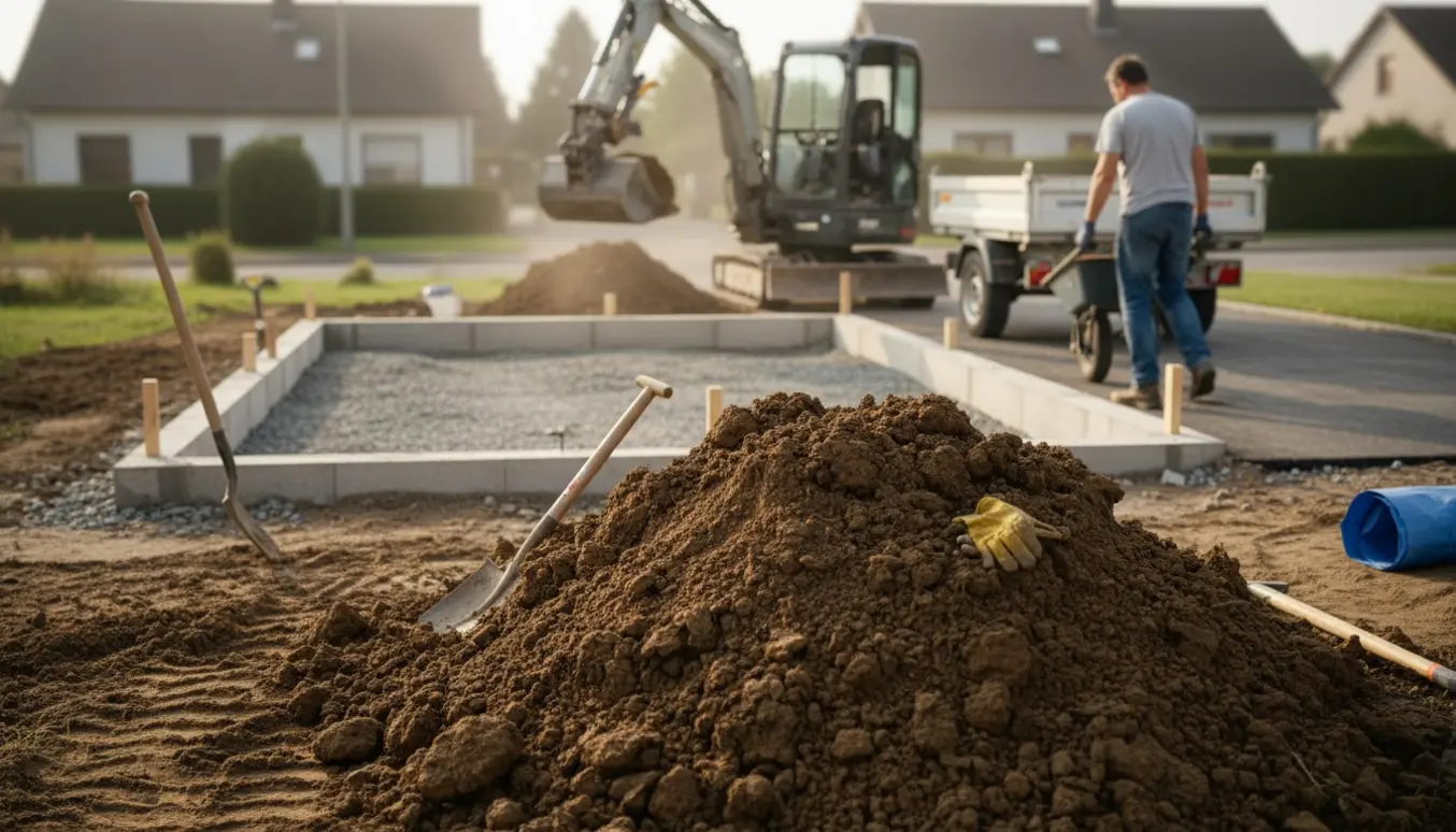 Stor bunke jord på indkørslen ved et udgravet garagefundament, hvor en minilæsser læsser jorden.