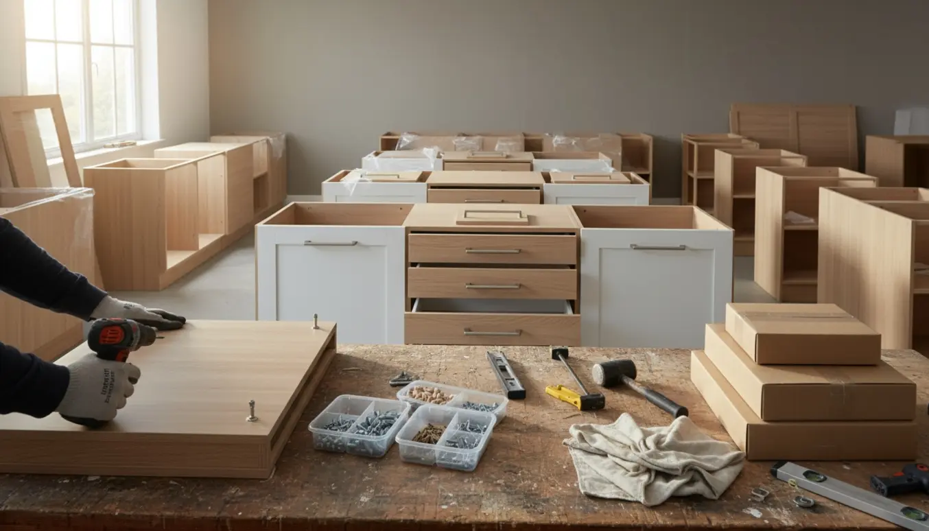 Nærbillede af hænder, der samler 19 fladpakkede køkkenmoduler i et lyst værksted uden montering.