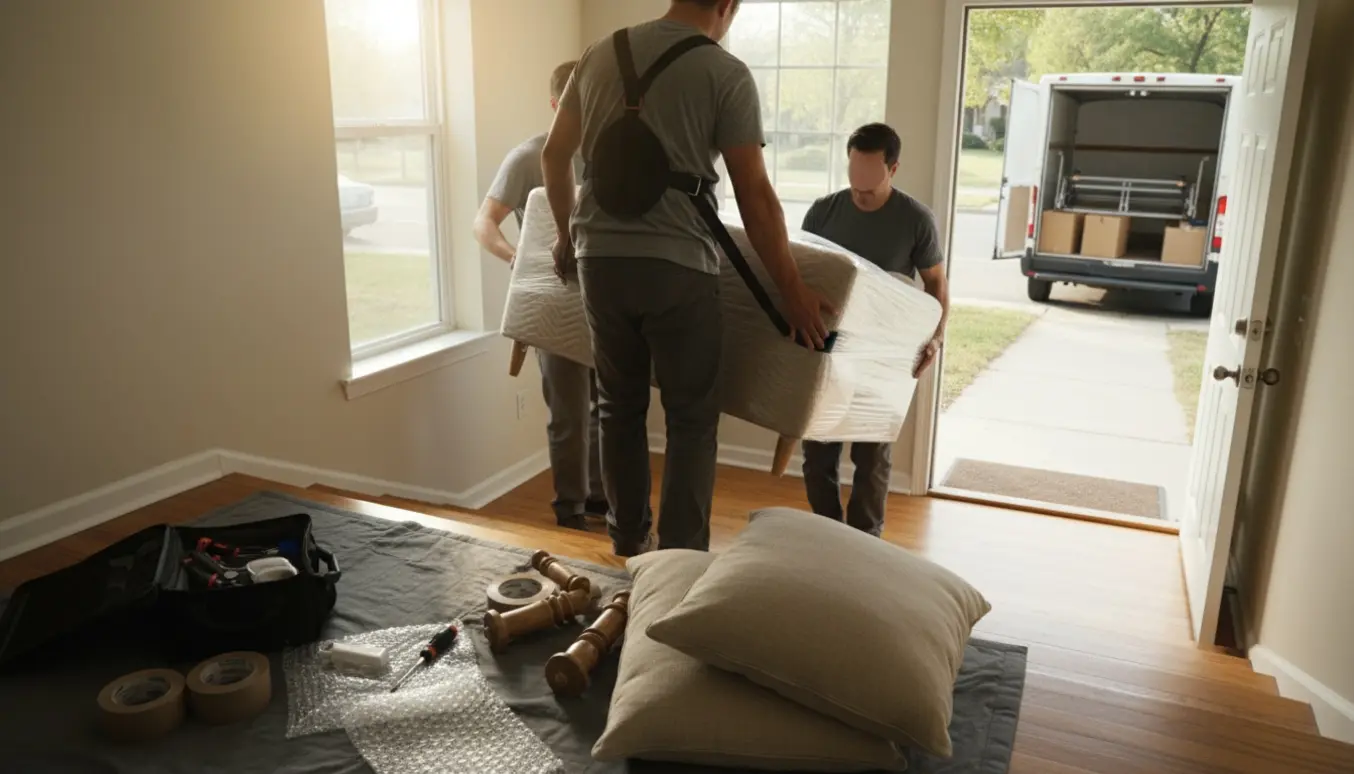 Flyttefolk bærer en delvist adskilt sofa op ad en trappe med flyttebil og polstrede tæpper i baggrunden.