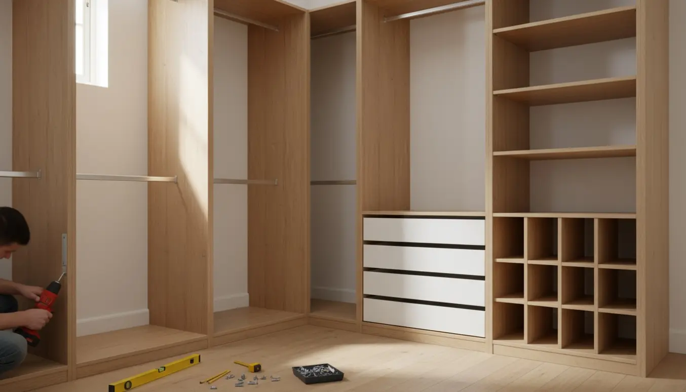 Åbne skabstel og indretning til et walk-in-closet bliver samlet i et lyst rum uden døre.