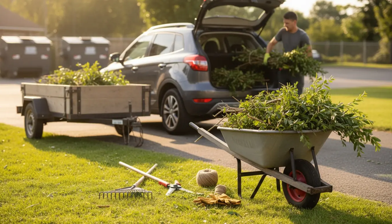 Hæk- og grenaffald læsses i bilens bagagerum og på trailer med handsker og haveværktøj i forgrunden.