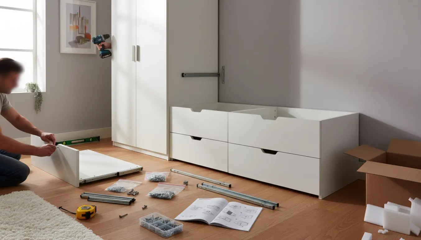 To hvide garderobeskabe under montage i et lyst, skandinavisk rum med værktøj og hænder i arbejde.