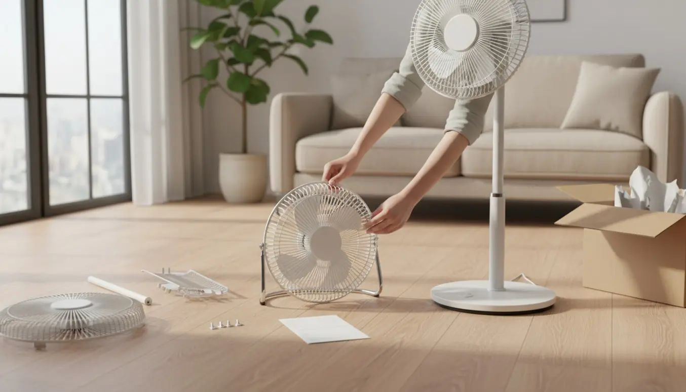 To gulvventilatorer samles på et lyst stuegulv med hænder, værktøj og dele lagt ud.