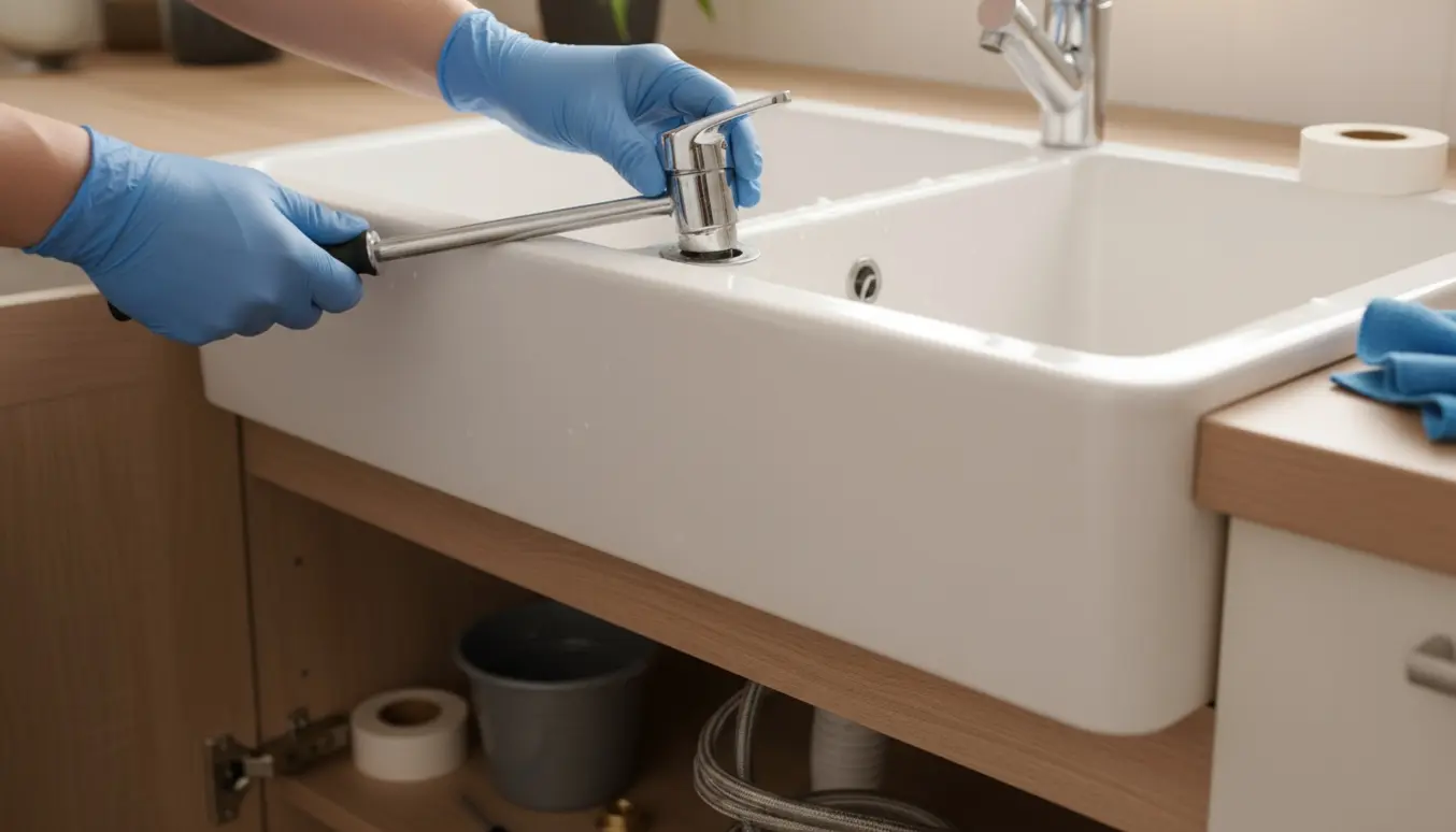 Nærbillede af en løs vandhane, der bliver efterspændt med en skruenøgle i et køkken.