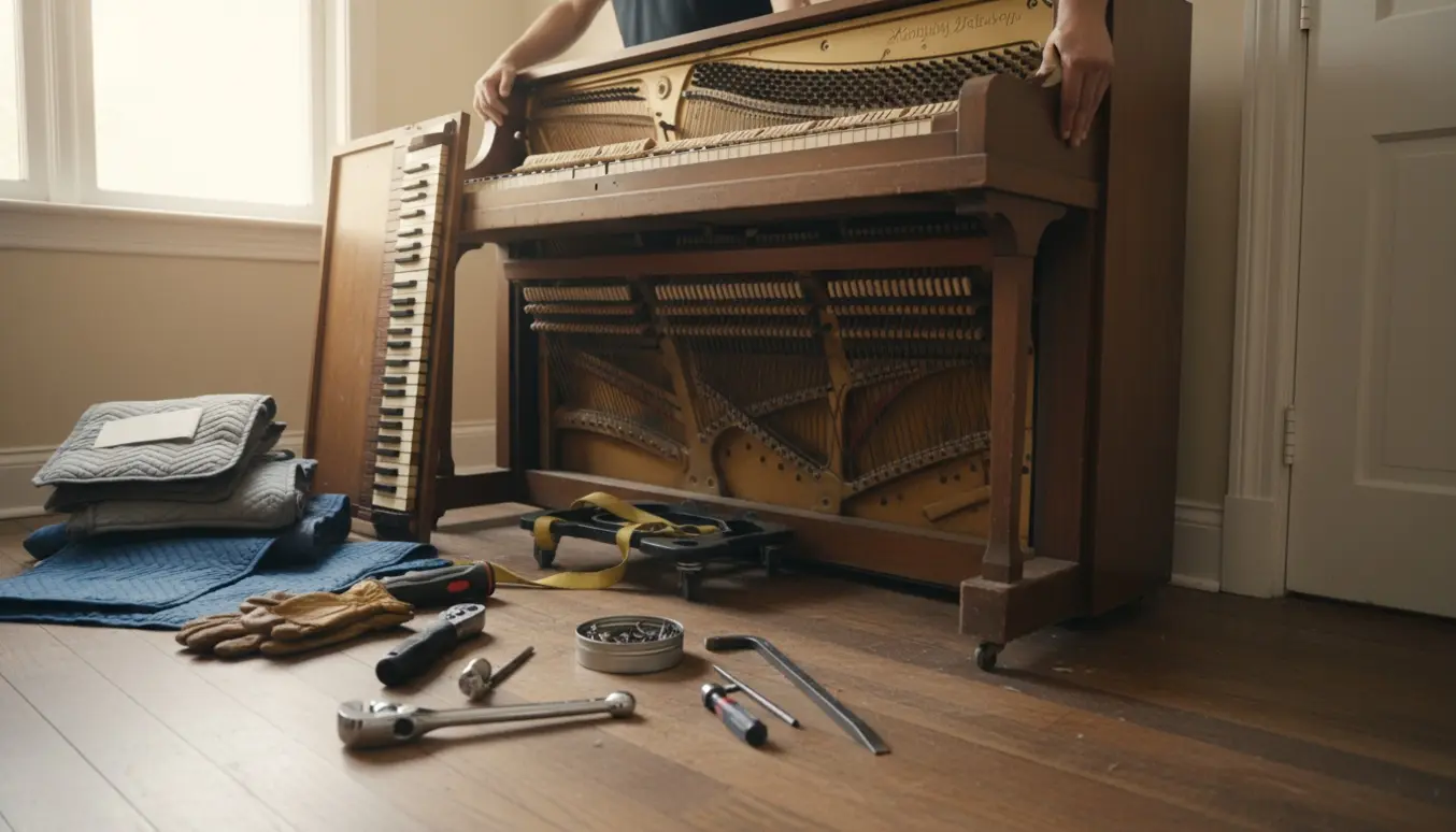 Et vintageklaver skilles ad i et værelse med værktøj og beskyttelsestæpper ved en smal døråbning.