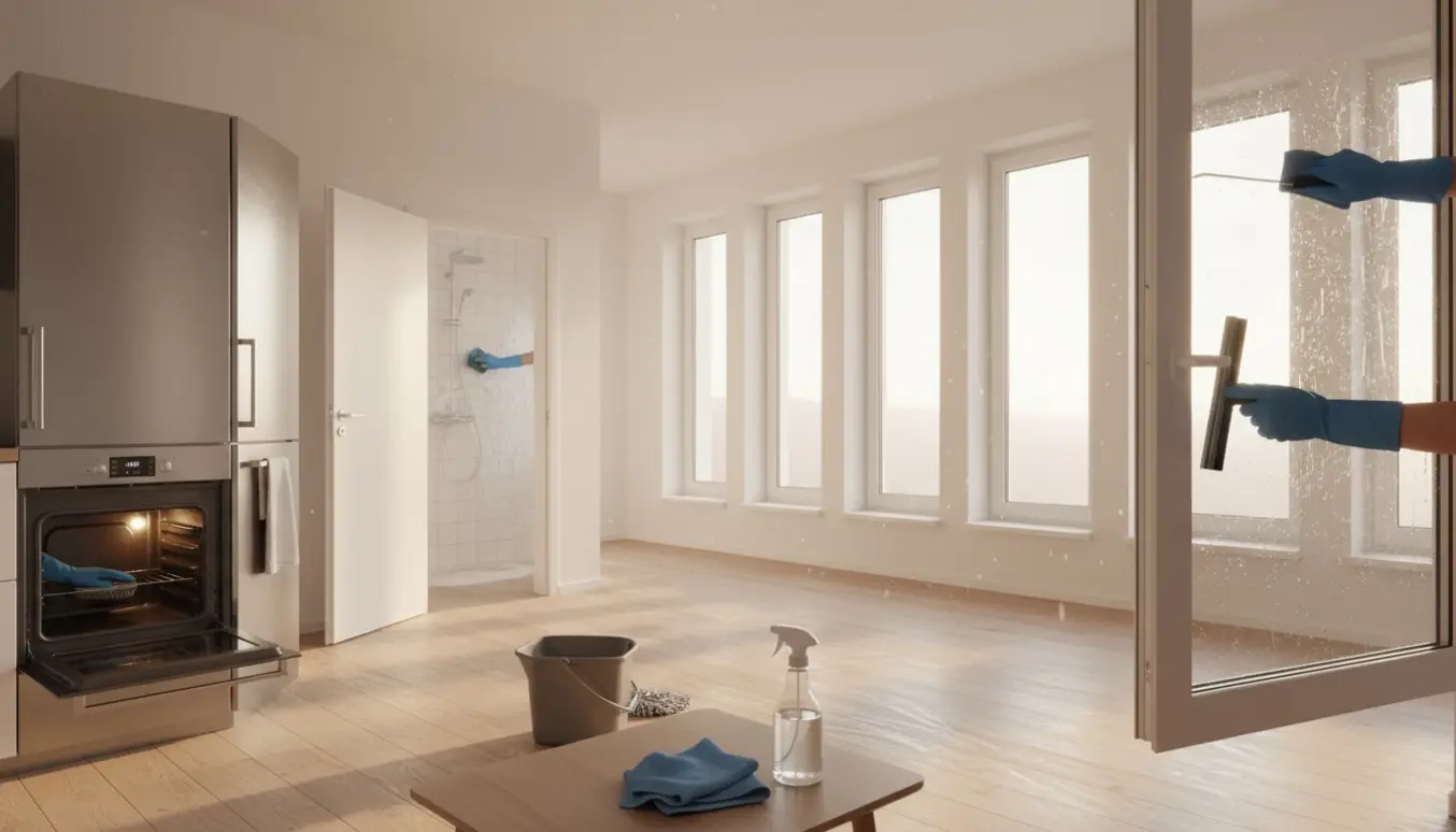 Hænder i gummihandsker pudser vinduer og rengør køkken, ovn og gulv i en lys lejlighed ved fraflytning.