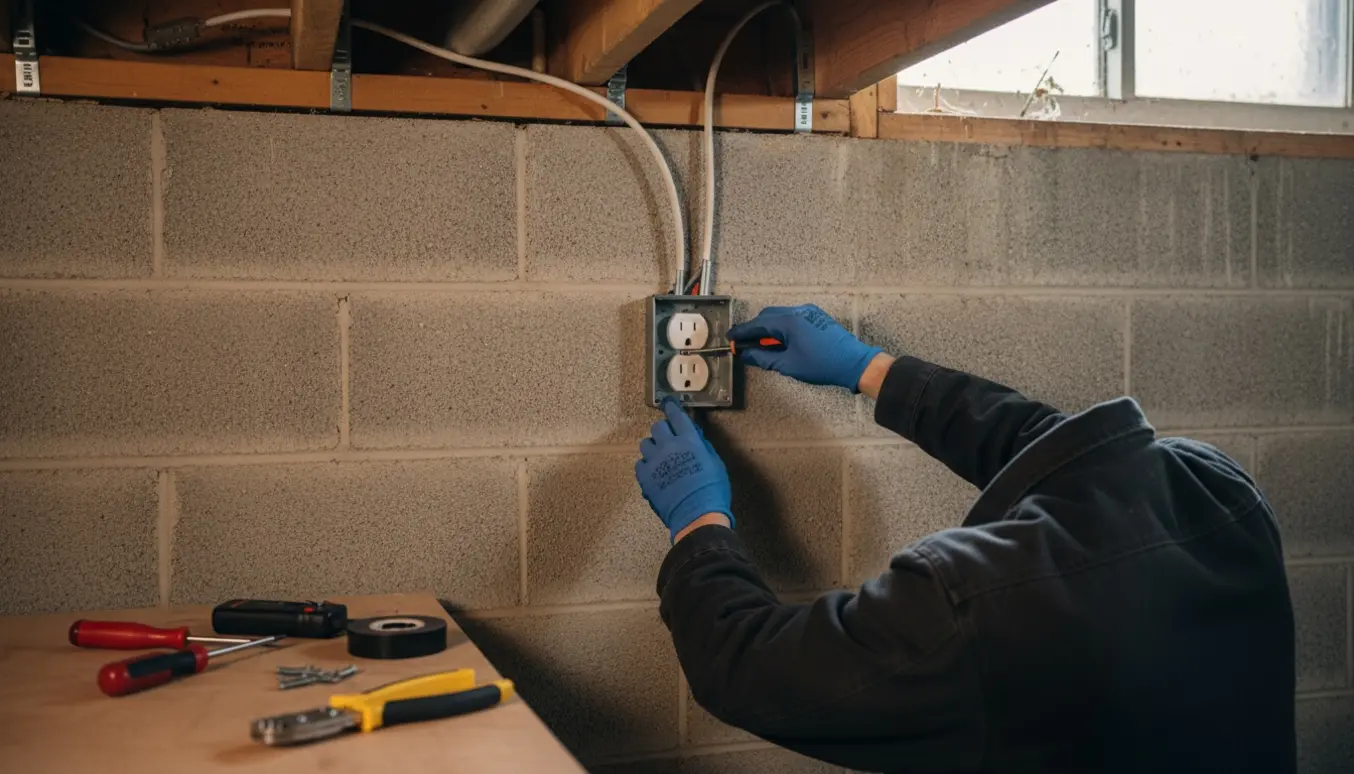 Elektriker monterer en stikkontakt på en kældervæg med en kabel langs loftet.