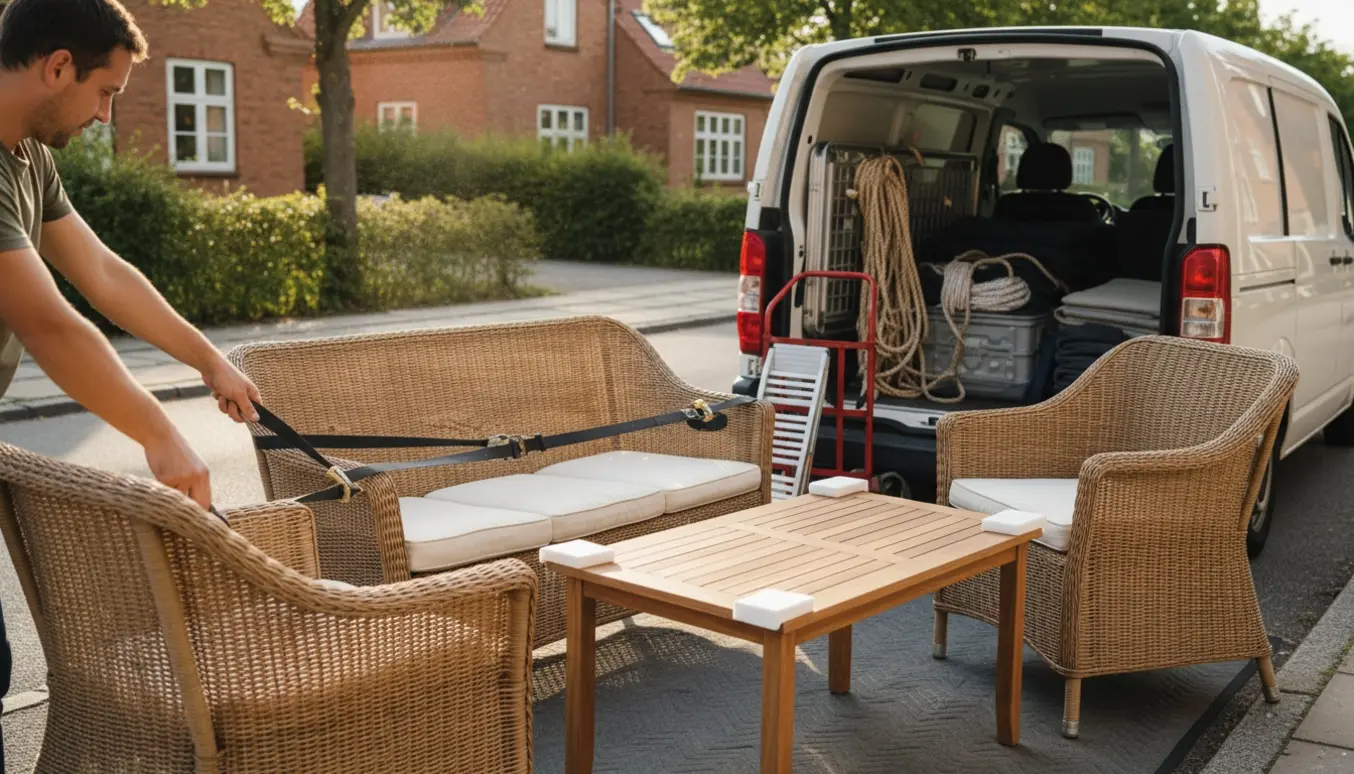 Udendørs sofa, to have-stole og et sofabord læsses ind i en varevogn på en stille forstadsgade.