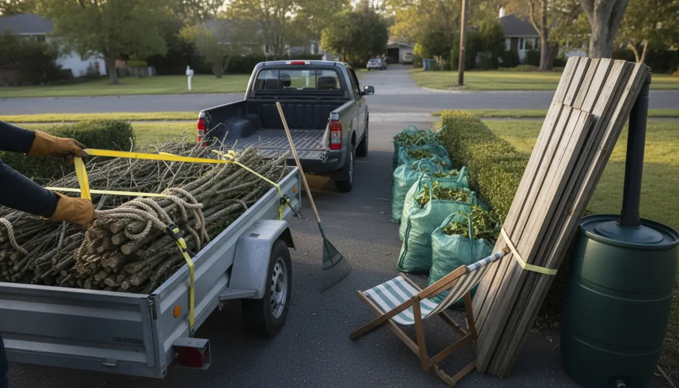 Åben trailer ved indkørsel med stablet haveaffald, hækklip, brædder, regnvandstønde og liggestol klar til afhentning.