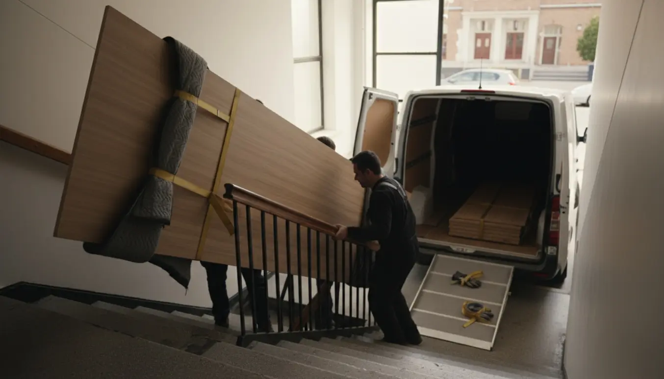 Langt garderobeskab i plader bæres ned ad trappen og læsses i en varevogn til afhentning på genbrugsstationen.