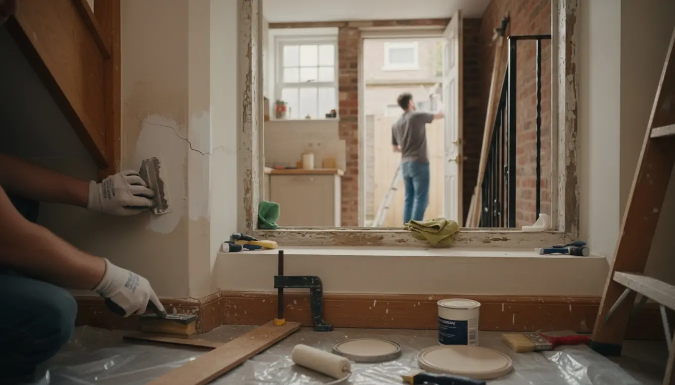 Hænder reparerer væg og sokkel indendørs, mens en person uden ansigt pudser og maler gelænder og vinduesramme udenfor.