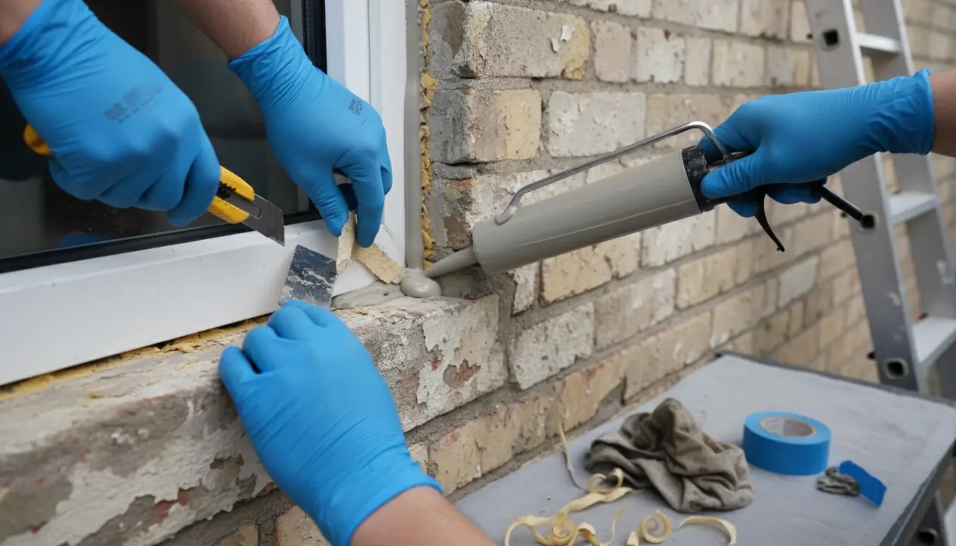 Hænder fjerner gammel fuge og påfører ny fuge mellem vinduesramme og mur med fugepistol.