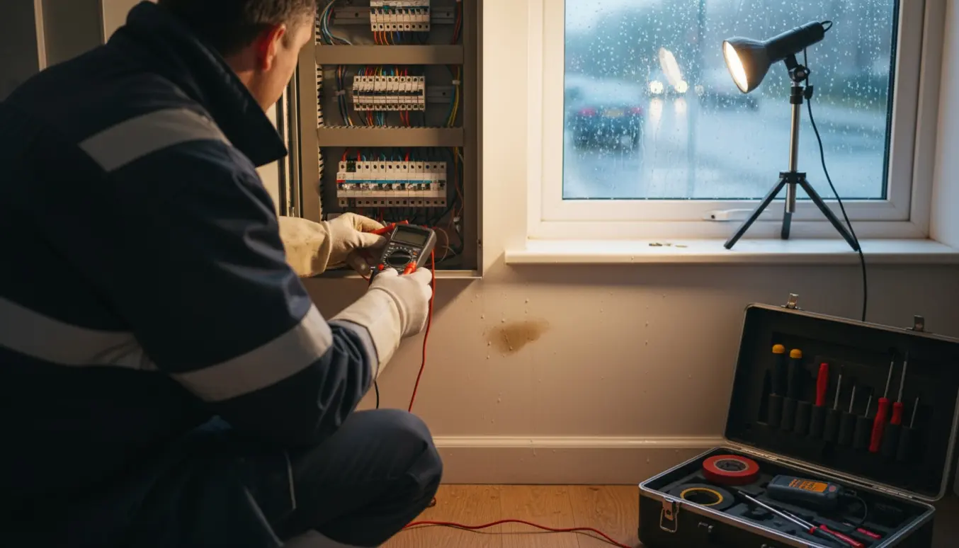 En elektriker tester eltavlen i et vådt hus under regn med multimeter og værktøj.