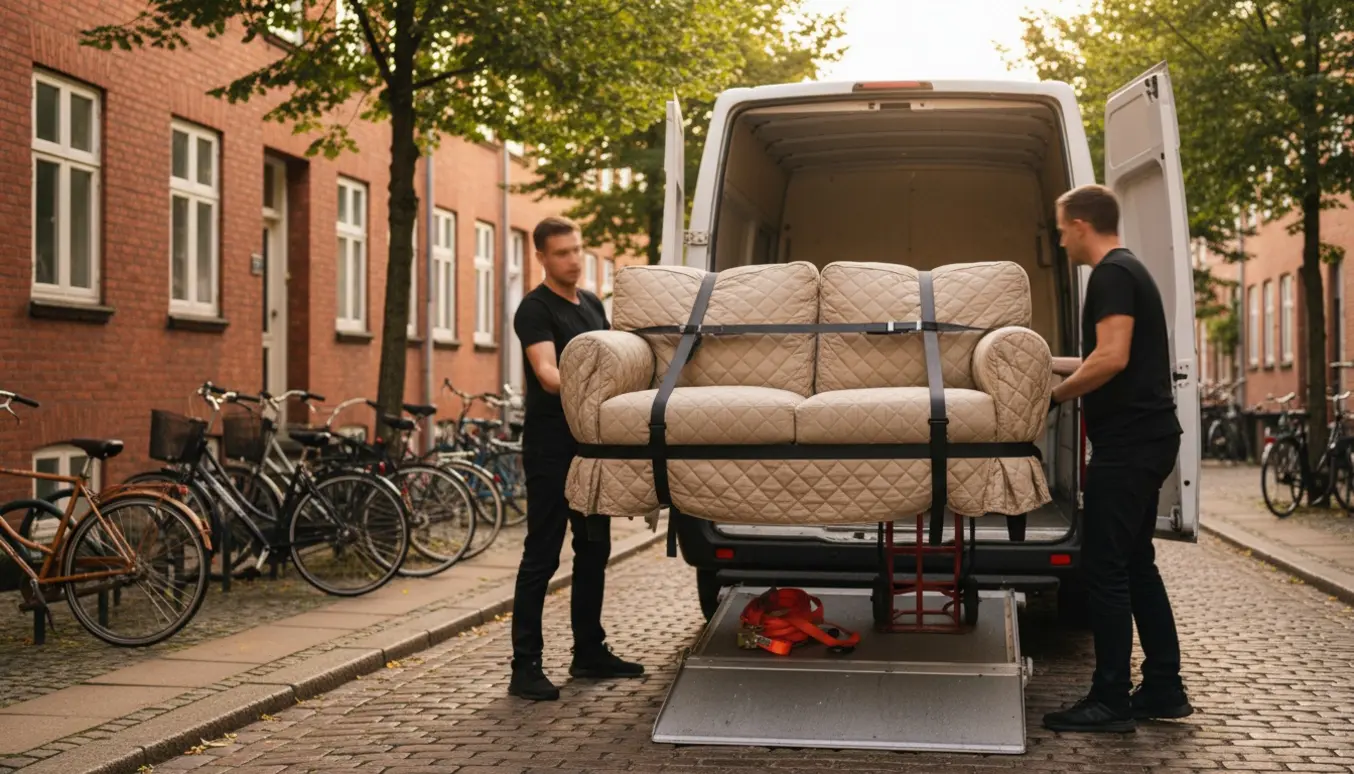 To personer løfter en lille sofa ind i en hvid varevogn på en københavnsk gade.