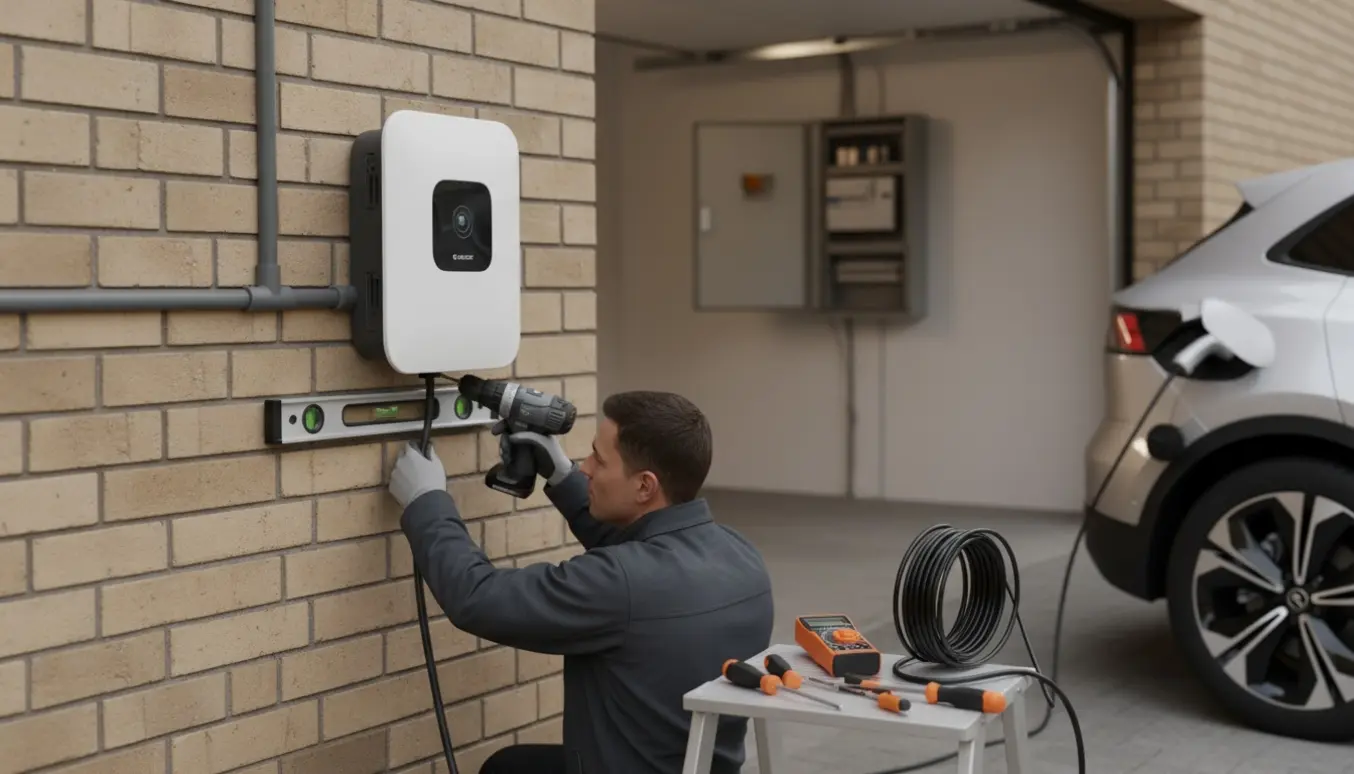Elektriker monterer en elbil-ladeboks på garagevæg med kabler og værktøj, tavle i baggrunden.
