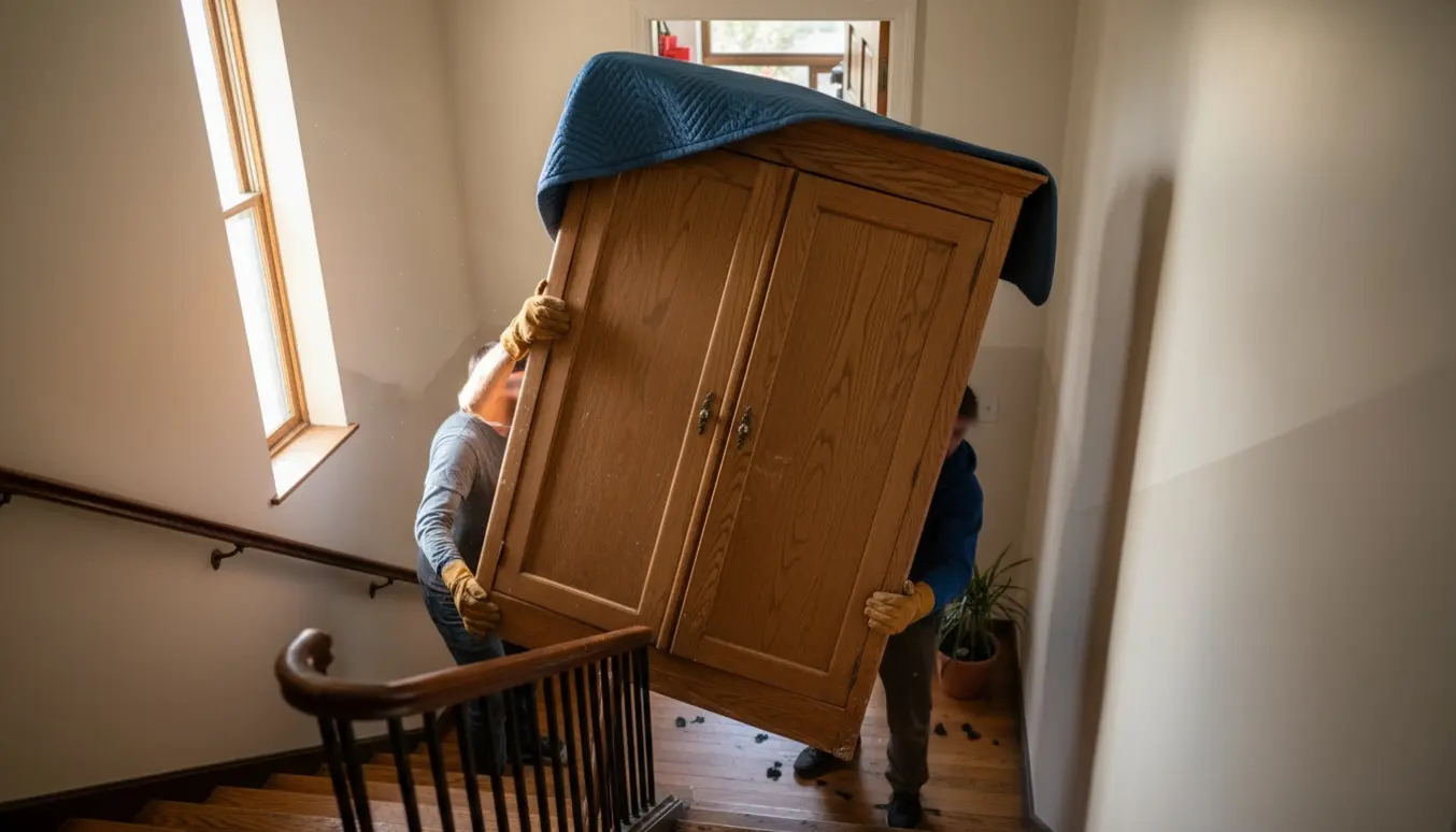 To personer bærer et tungt massivt træskab ned ad en smal, solbelyst trappe i en lejlighed, ansigter er slørede eller skjulte.