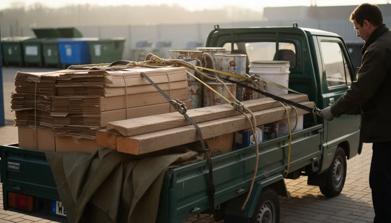 En anhænger læsset med pap, to 2 m træstykker og brugte malerbøtter, sikret med stropper og klar til transport til genbrugsstationen.