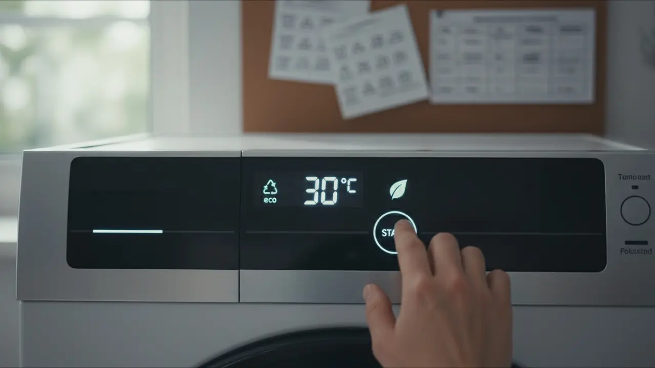 Vaskemaskinens kontrolpanel viser 30°C 'eco'-program, klar til energibesparende vask.