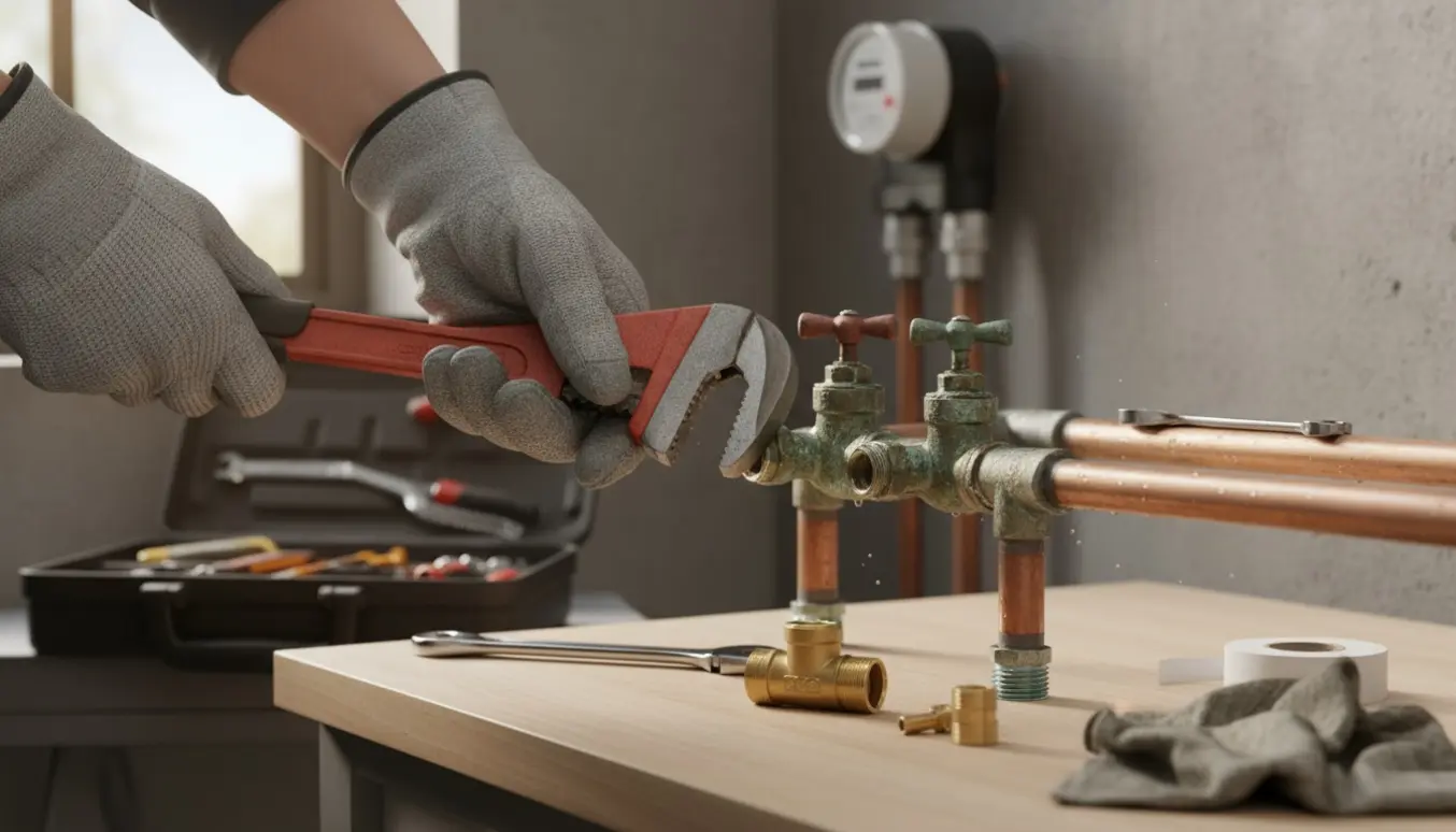 Nærbillede af håndværker, der med værktøj arbejder på to fastsiddende stophaner med en ny stophane klar ved siden af.