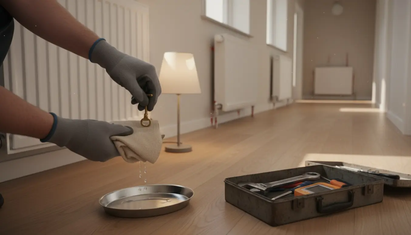 Hænder fra en tekniker bruger en nøgle til at lufte en hvid radiator med værktøj og opsamlingsbakke på gulvet i en lys bolig.