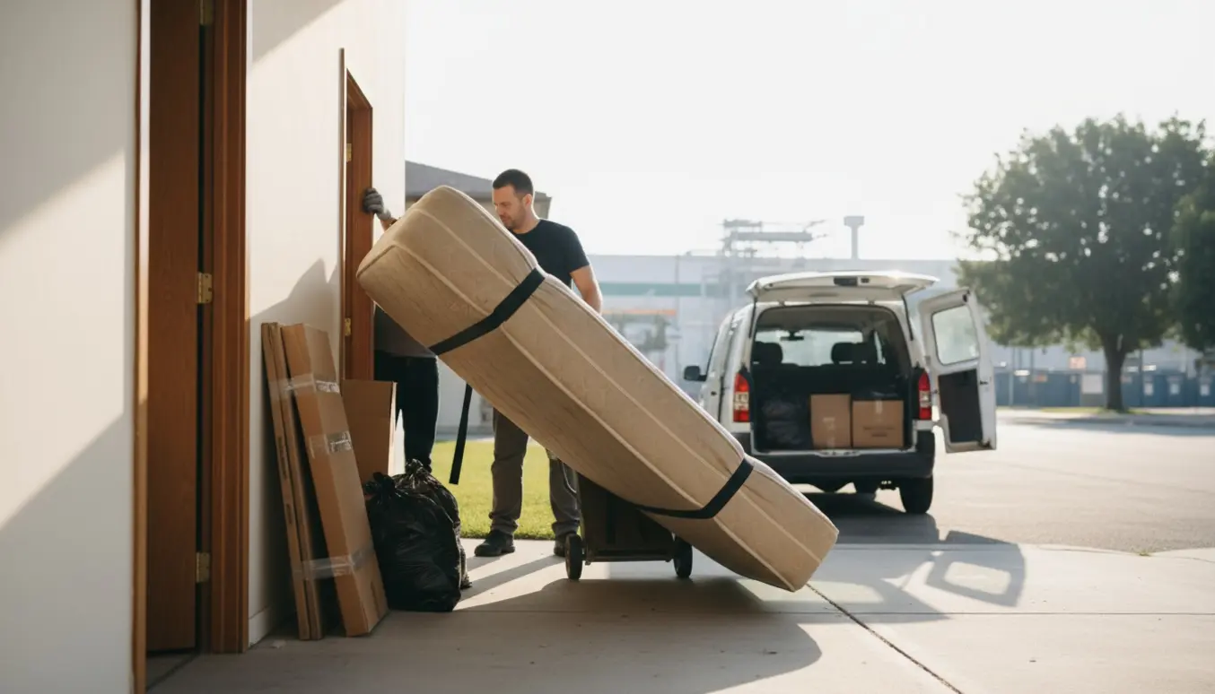 Et brugt sengemadras bæres ud fra en stuelejlighed mod en varevogn klar til afhentning.