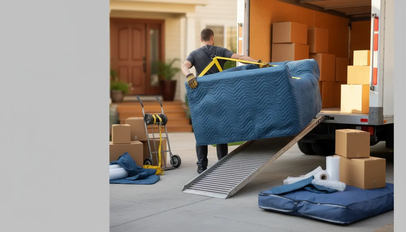 En flyttemand læsser en beskyttet sofa i en flyttevogn med flyttekasser og udstyr.