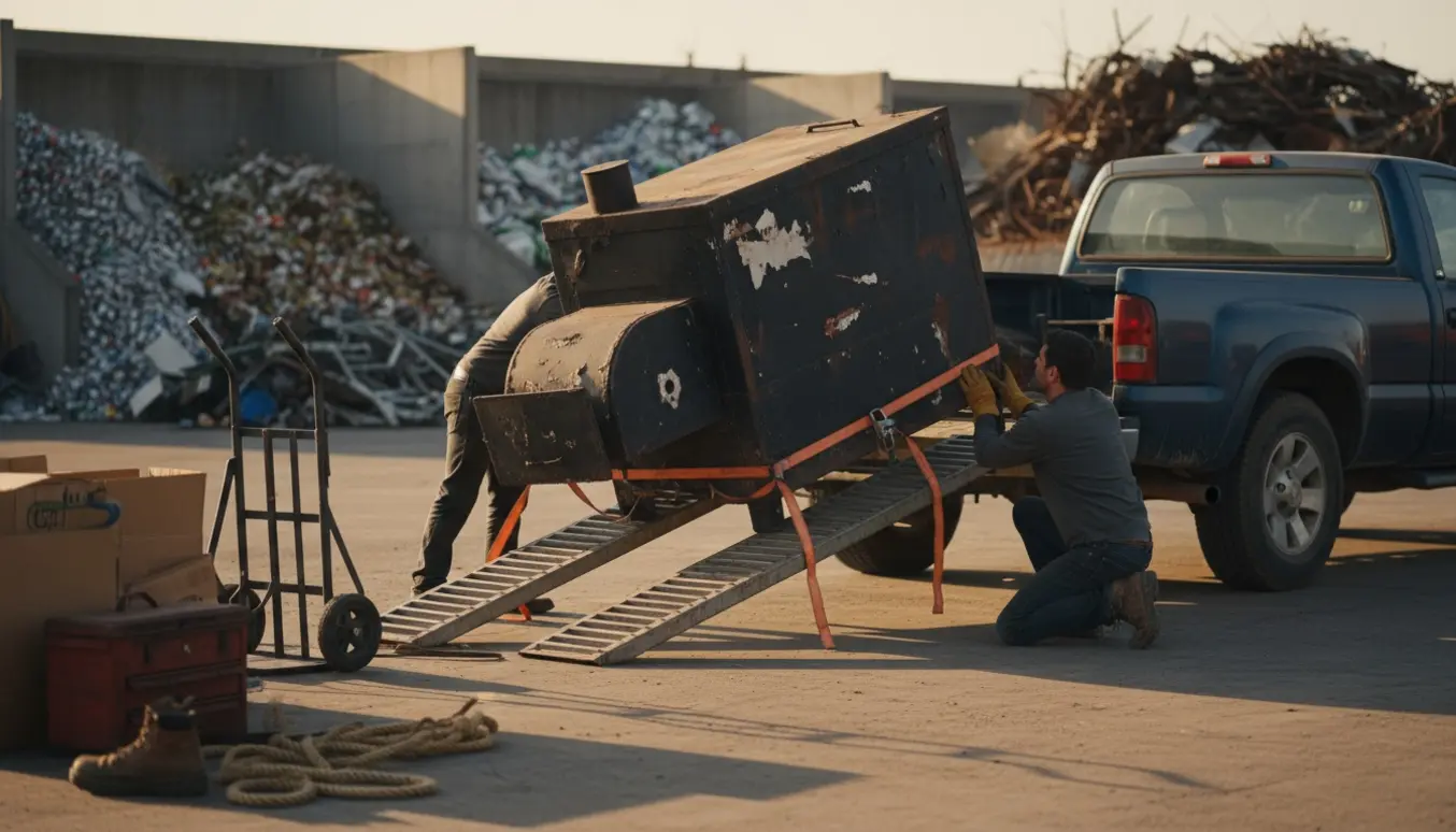 En gammel, rusten røgovn læsses og spændes fast på en trailer ved en genbrugsstation.